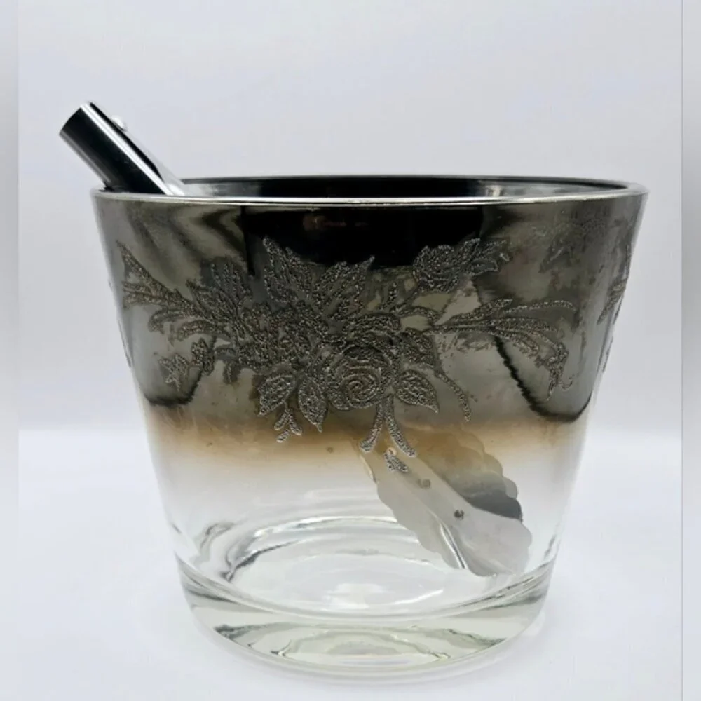 Mid Century Glass Ice Bucket With Silver Rim that Ombre Fades & Silver